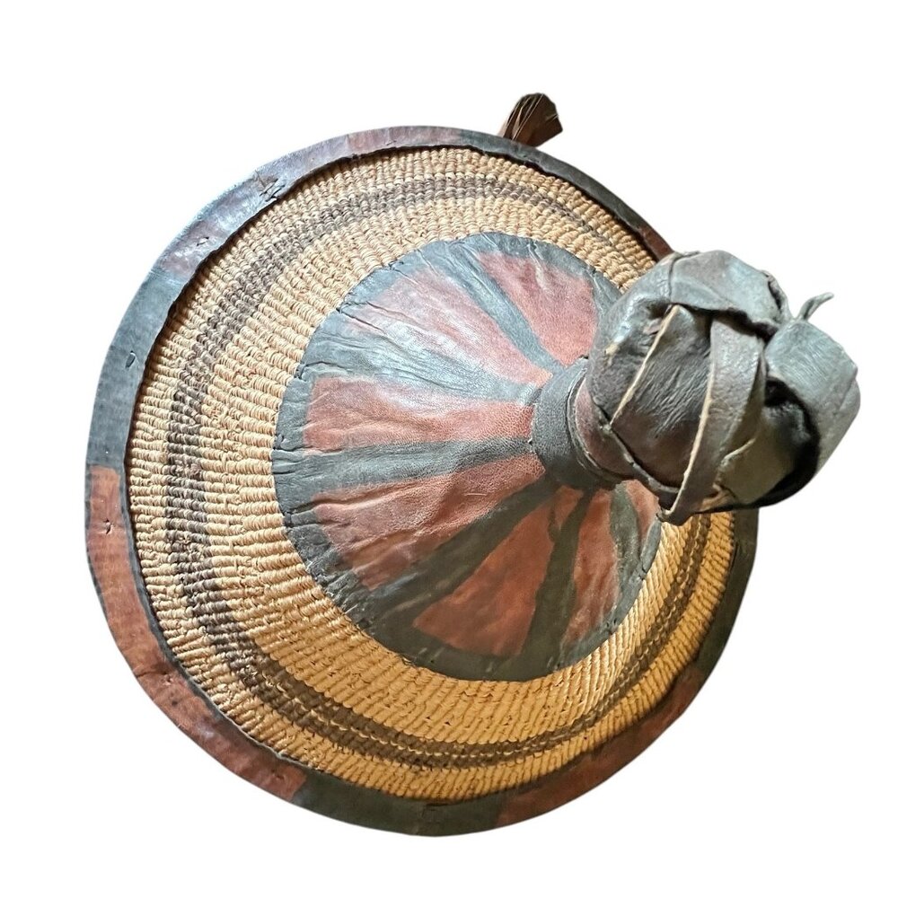 West African Tuareg Fulani Hat Tribal Handmade Leather & Grass Fiber Chin Strap - Picture 5 of 11